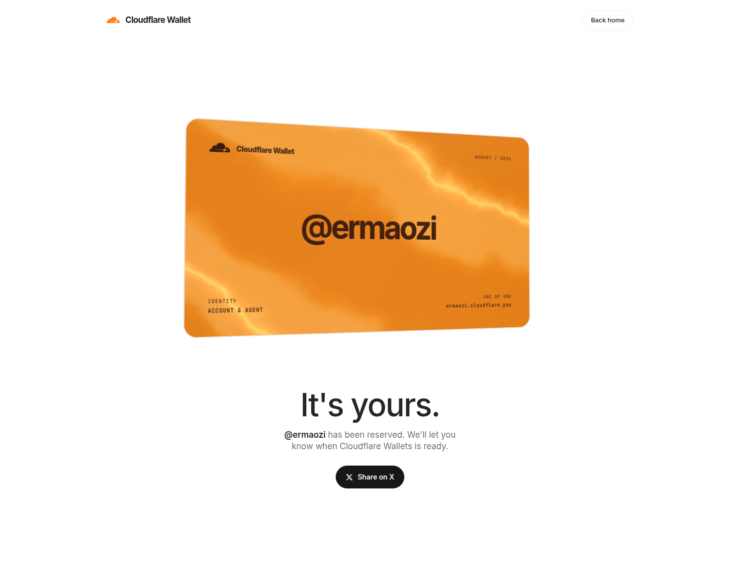 Cloudflare Wallet confirmation page showing that a name has been reserved and Wallet is not yet available